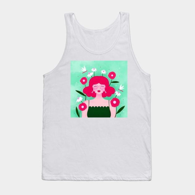 Happy girl with flowers and dragonflies, version 3 Tank Top by iulistration